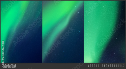 Night starry sky and Northern lights. Aurora borealis. Background set