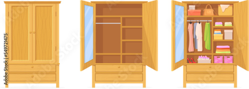 Closed open cupboard. Wooden dress cabinet, wardrobe room cartoon closet inside with shelf clothes organisation fashion hanging rack garment accessories, neat vector illustration