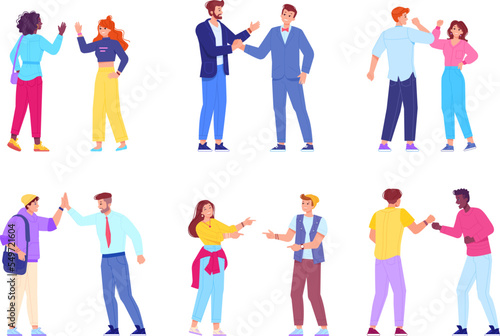 Informal greeting. Happy friends giving high five, greet manner positive people communication hi hey fist hand gestures trust colleague business meeting, swanky vector illustration