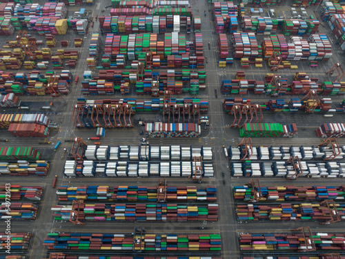 Shenzhen ,China - Circa 2022: Aerial view of landscape at Yantian port in Shenzhen city, China