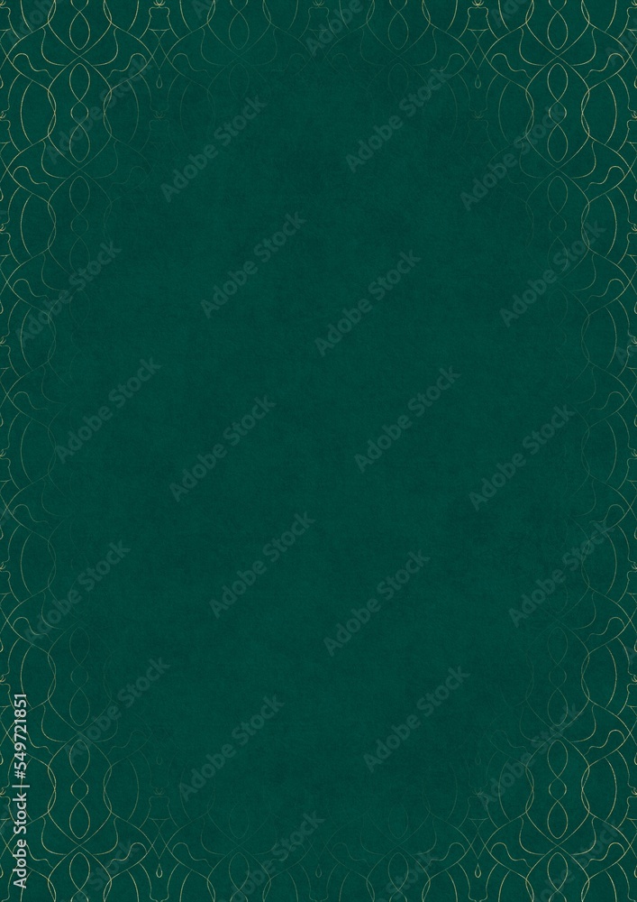 Dark cold green textured paper with vignette of golden hand-drawn pattern. Copy space. Digital artwork, A4. (pattern: p08-1f) Dark cold green textured paper with vignette of golden hand-drawn pattern. Copy space. Digital artwork, A4. (pattern: p08-1f)