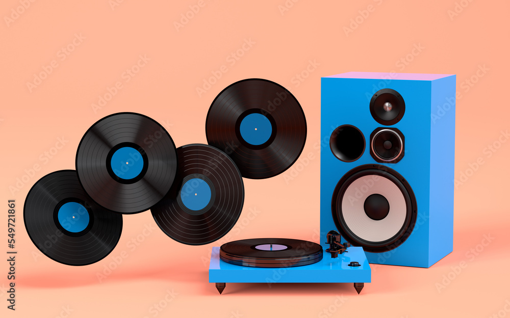 Set of Hi-fi speakers and DJ turntable for sound recording studio on coral Set of Hi-fi speakers and DJ turntable for sound recording studio on coral