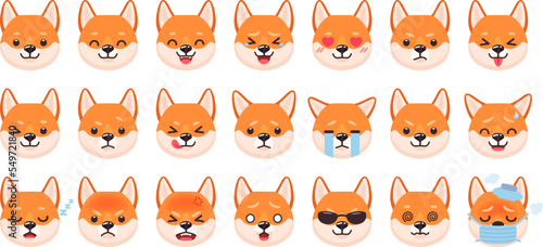 Fototapeta Naklejka Na Ścianę i Meble -  Dogs emoticons. Dog character face showing expressions and emotions, kawaii anime puppy emoji angry sad happy nap cry wink cute pet expression, ingenious animal vector illustration