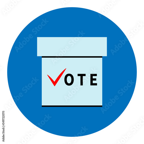 Ballot box with word VOTE on blue circle backdrop