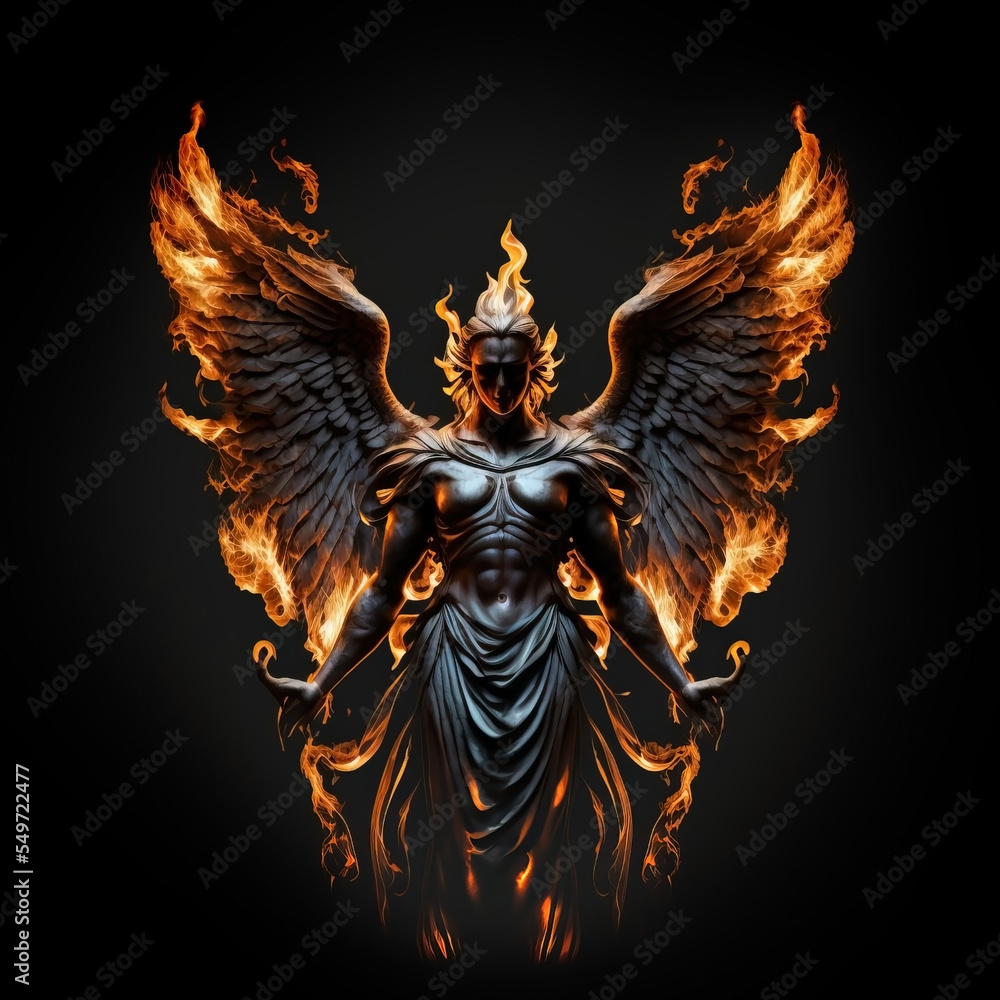 Teoretisk tøj at forstå muscular Fire angel. Demon. Angel of light. Isolated against a dark  background. Glowing fiery angel wings. Back light. Stock Illustration |  Adobe Stock