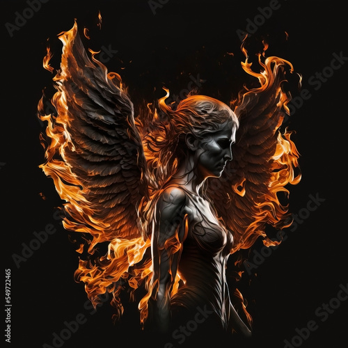 Profile Fire woman angel. Demon. Angel of light. Isolated against a dark background. Glowing fiery angel wings. Back light.