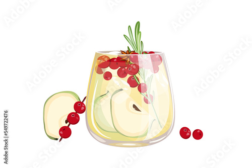 White sangria with cranberries and apples.Christmas holiday cocktail.Vector illustration.