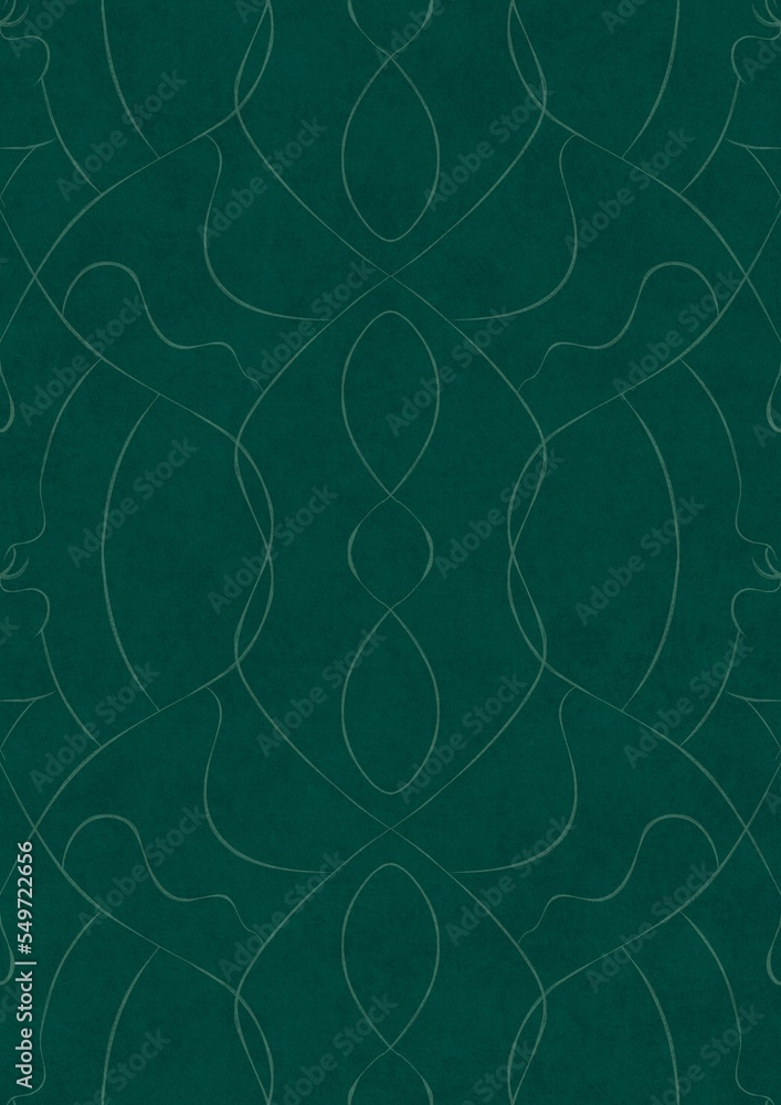 Hand-drawn unique abstract symmetrical seamless ornament. Bright semi transparent green on a deep cold green background. Paper texture. Digital artwork, A4. (pattern: p08-1d)