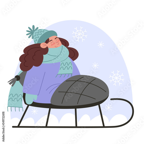 Little child sledding in winter, flat style illustration