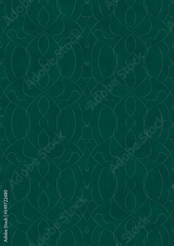 Hand-drawn unique abstract symmetrical seamless ornament. Bright semi transparent green on a deep cold green background. Paper texture. Digital artwork, A4. (pattern: p08-1e)