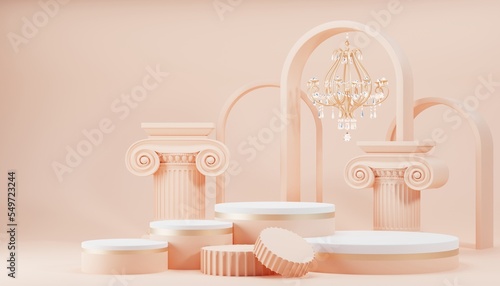 3d luxury podium with roman column and chandelier crystal for product background podium classic style  for show cosmetic products display case  on dark green background.