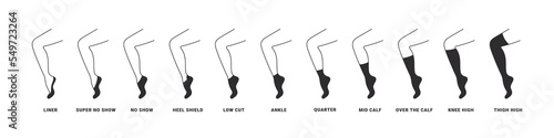 Types of socks icons set. Set with various forms of socks. Garment icons. Vector illustration