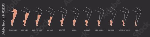 Types of socks. Set with various forms of socks on black background. Garment icons. Vector illustration