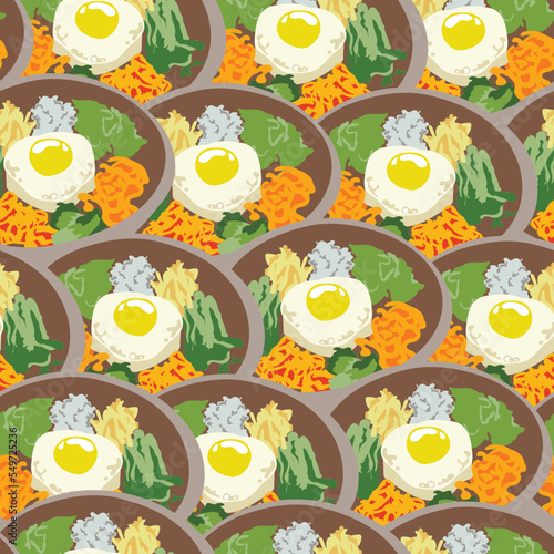hand drawn korean food Bibimbap illustration. seamless pattern bibimbap recipe. Traditional Korean dish Bibimbap with fried egg, squid, shrimp, cucumber, soy sprouts and seaweed. Asian food background