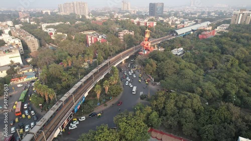 Aerial Shot of Delhi Metro at Hanuman Temple Karol Bagh New Delhi India  photo