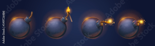 Black bomb balls with burning fuse and match with fire, explosive dynamite with rope wick. Isolated dangerous destruction spheres with sparks graphic design elements, Realistic 3d vector illustration