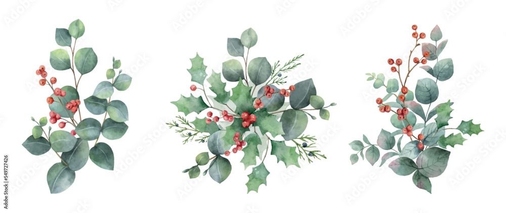 Fototapeta premium Watercolor vector set of bouquets of green eucalyptus branches and holly berry.