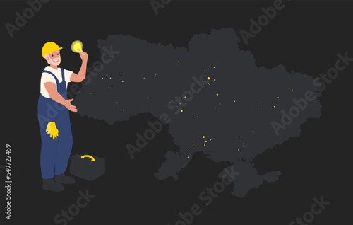 Electrician man help, working in Ukraine, blackout. Electricity blackout concept. Ukraine without electricity and heat 2022. Power outage in the city, country