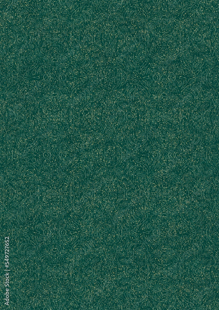 Fototapeta premium Hand-drawn unique abstract seamless ornament. Light green on a darker cold green background, with splatters of golden glitter. Paper texture. Digital artwork, A4. (pattern: p03e)