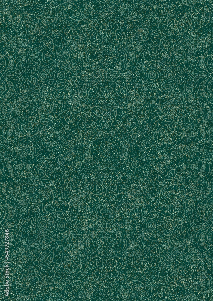 Hand-drawn unique abstract seamless ornament. Light green on a darker cold green background, with splatters of golden glitter. Paper texture. Digital artwork, A4. (pattern: p06d) Hand-drawn unique abstract seamless ornament. Light green on a darker cold green background, with splatters of golden glitter. Paper texture. Digital artwork, A4. (pattern: p06d)