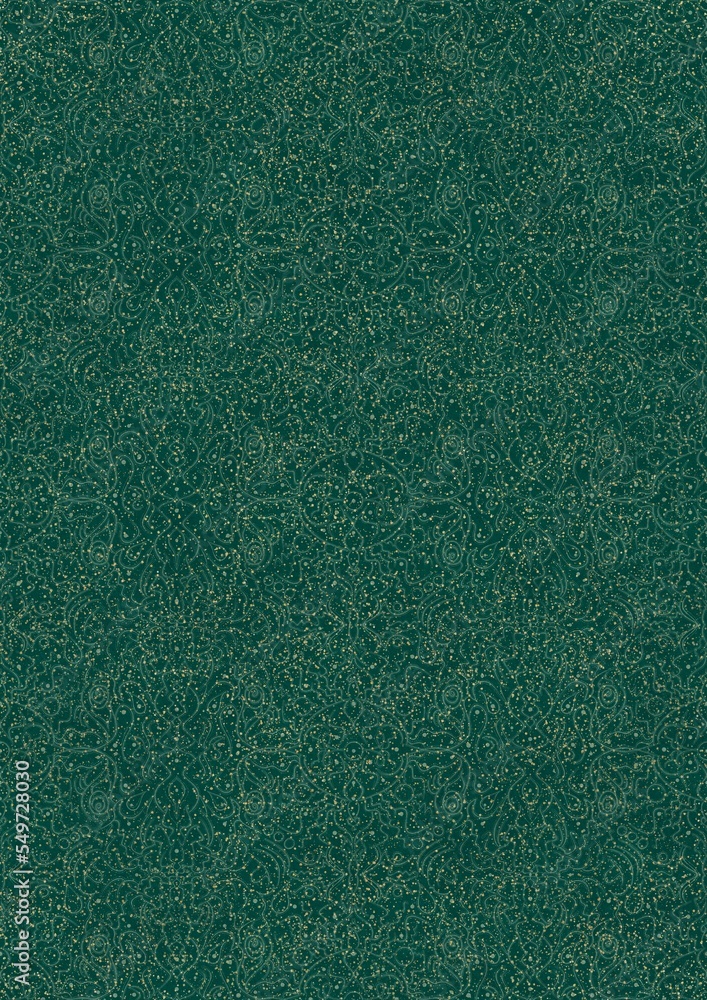 Fototapeta premium Hand-drawn unique abstract seamless ornament. Light green on a darker cold green background, with splatters of golden glitter. Paper texture. Digital artwork, A4. (pattern: p07-2e)