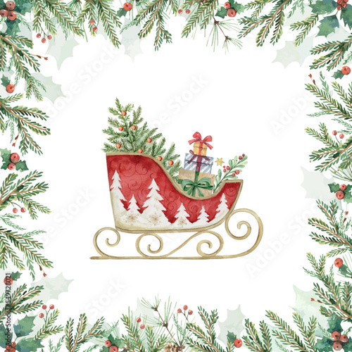 Watercolor vector card with a Christmas sleigh, fir tree, gifts and ornate frames.