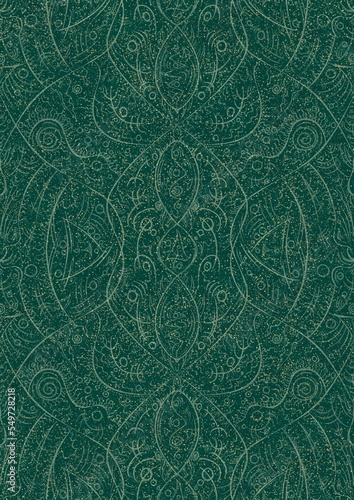 Hand-drawn unique abstract seamless ornament. Light green on a darker cold green background, with splatters of golden glitter. Paper texture. Digital artwork, A4. (pattern: p08-2d)