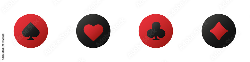 Set collection gambling sign symbol of playing card suits and chips for poker and casino. Hearts, clubs, diamonds and spades on an isolated white background. Set collection gambling sign symbol of playing card suits and chips for poker and casino. Hearts, clubs, diamonds and spades on an isolated white background.