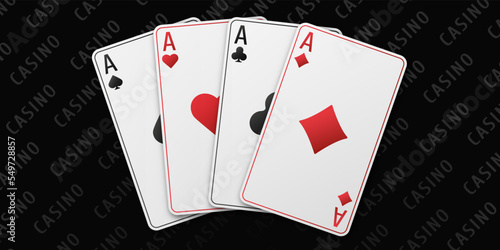 A fan of playing cards consisting of four Ace of Spades, Diamonds, Clubs, Hearts. Vector illustration poker and casino of all the aces on a table black background.