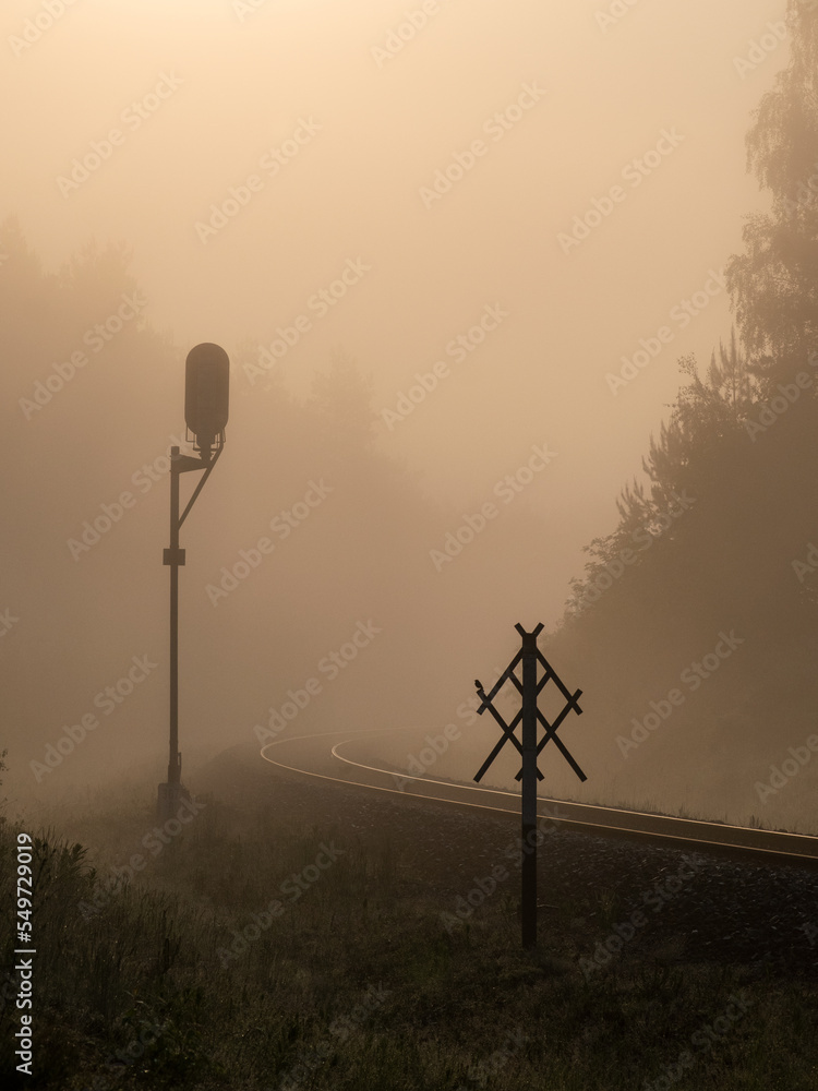 Tory kolejowe w porannej mgle - obrazy, fototapety, plakaty 