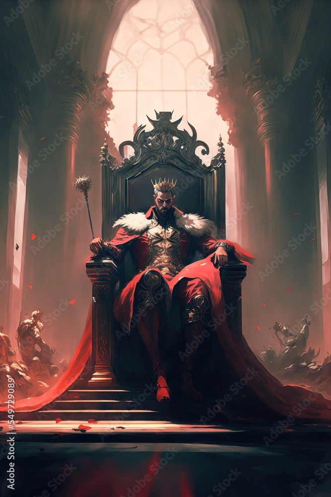 Warrior king sitting on the throne. fantasy scenery. concept art. Stock  Illustration