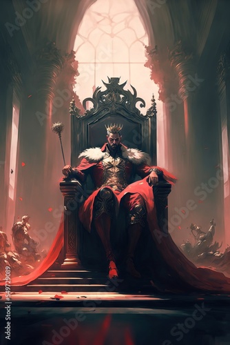 Warrior king sitting on the throne. fantasy scenery. concept art. photo