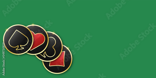 Set collection gambling sign symbol of playing card suits and chips for poker and casino. Heart, club, diamond and spade on an green playing table background.