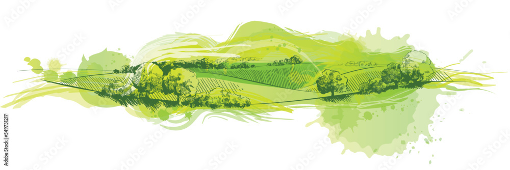 Green grass field on small hills. Meadow, alkali, lye, grassland, pommel, lea, pasturage, farm. Rural scenery landscape panorama of countryside pastures. illustration - obrazy, fototapety, plakaty 