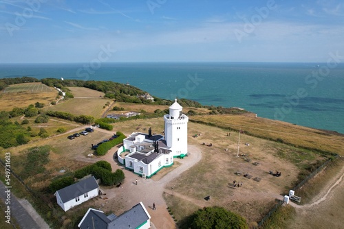 White cliffs of Dover Kent UK  South Foreland Lighthouse drone aerial view.. photo