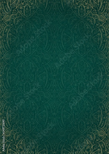 Hand-drawn unique abstract ornament. Light green on a dark cold green background, with vignette in golden glitter. Paper texture. Digital artwork, A4. (pattern: p08-2e)