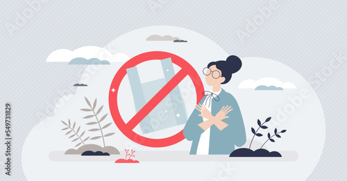 Say no to plastic and use recyclable packaging material tiny person concept. Ecological lifestyle and nature pollution solution with reducing contamination and polyethylene usage vector illustration