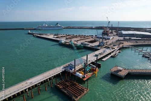 Offshore work platform moored in Dover harbour UK drone aerial view © steve