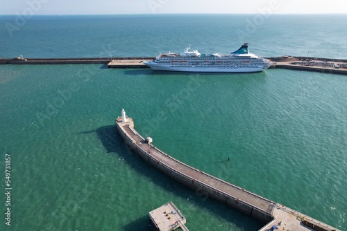 MV Artaina Cruise ship moored at Dover England drone aerial view .