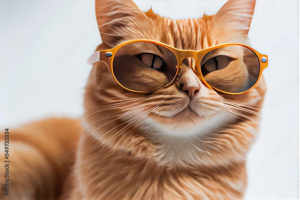 Ginger cat in stylish vintage yellow glasses. Generative AI