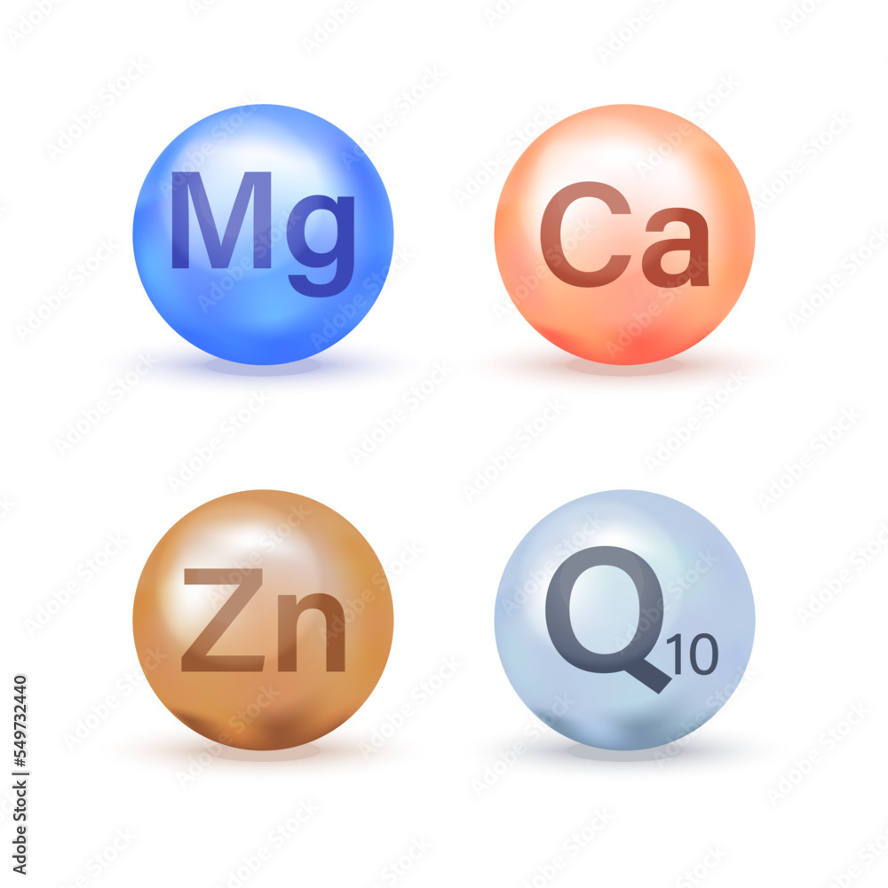 A set of mineral and vitamin complexes. Medical concept. Isolated on a white background. Icons are Calcium, Magnesium, Zinc, Q10. A set of mineral and vitamin complexes. Medical concept. Isolated on a white background. Icons are Calcium, Magnesium, Zinc, Q10.