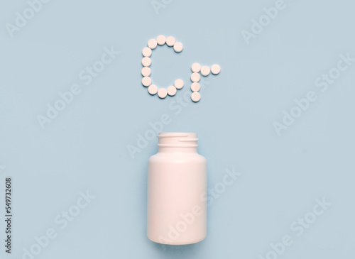 Εκτύπωση καμβά Сhemical element chromium Cr icon from tablets and drug bottle on blue background