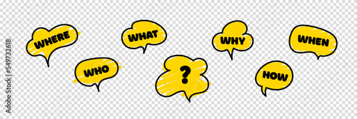 Banner with question what, how, why, what and where. Business web banner. Place for your text. Ask and question mark sign. Communication inclusion people concept. Vector illustration.