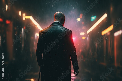 Mafia hitman in a suit, bald killer silhouette in a coat with a gun in the raining city, bodyguard assassin, neon lights, car, gun. Generative AI photo