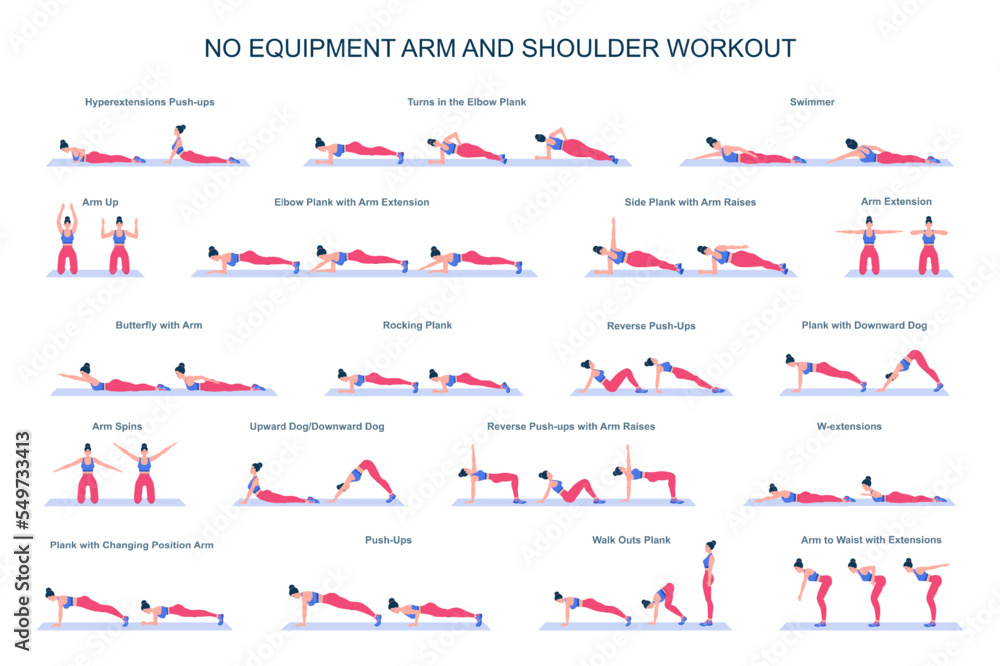 Arm workout set. Collection of exercise for slim and strong arms