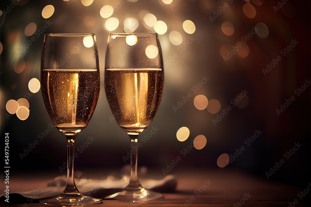 two glasses of sparkling champagne on background with bokeh lights, new year greetings card