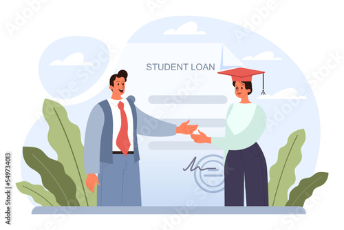 Education loan. Student characters paying debt for education.