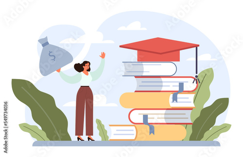 Education loan. Student characters paying debt for education.