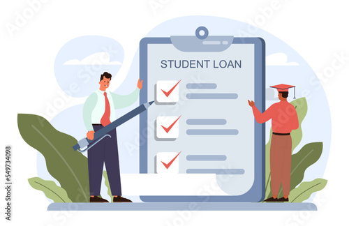 Education loan. Student characters paying debt for education.