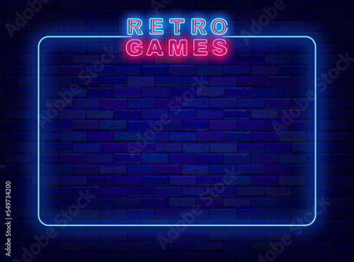 Retro games neon banner. Empty frame with space for text. Luminous poster. Vector stock illustration